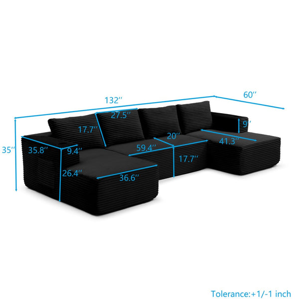 English Elm 132" Modular U-shaped Corduroy Sectional with Deep Seating Cupholders and Side Pocket W1117S00446