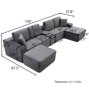 English Elm 150'' L-shaped Corduroy Sectional with Deep Cloud Seat Usb Charging Living Room Couch Grey W1117S00447