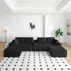 English Elm 150'' L-shaped Corduroy Sectional with Deep Cloud Seat Usb Charging Living Room Couch Black - A W1117S00448