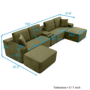 English Elm 150'' L-shaped Corduroy Sectional with Deep Cloud Seat Usb Charging Living Room Couch Green W1117S00449