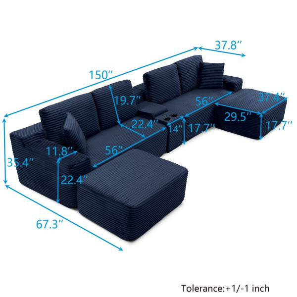 English Elm 150'' L-shaped Corduroy Sectional with Deep Cloud Seat Usb Charging Living Room Couch Blue W1117S00450