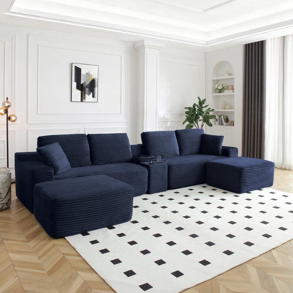 English Elm 150'' L-shaped Corduroy Sectional with Deep Cloud Seat Usb Charging Living Room Couch Blue W1117S00450