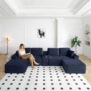 English Elm 150'' L-shaped Corduroy Sectional with Deep Cloud Seat Usb Charging Living Room Couch Blue W1117S00450