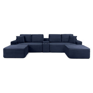 English Elm 150'' L-shaped Corduroy Sectional with Deep Cloud Seat Usb Charging Living Room Couch Blue W1117S00450