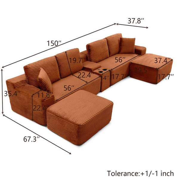 English Elm 150'' L-shaped Corduroy Sectional with Deep Cloud Seat Usb Charging Living Room Couch Orange W1117S00451