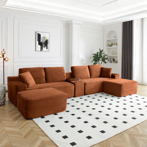 English Elm 150'' L-shaped Corduroy Sectional with Deep Cloud Seat Usb Charging Living Room Couch Orange W1117S00451