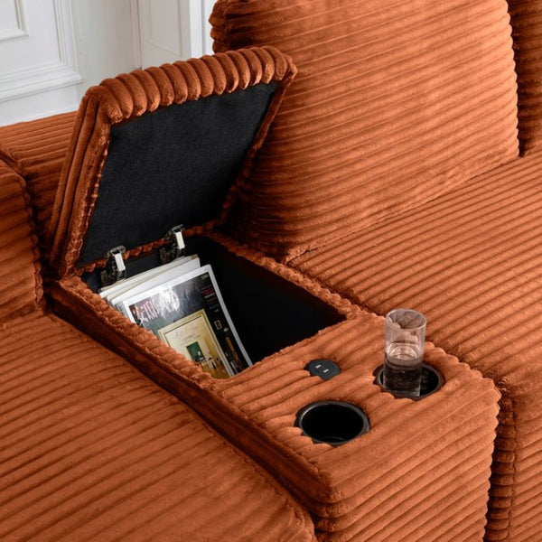 English Elm 150'' L-shaped Corduroy Sectional with Deep Cloud Seat Usb Charging Living Room Couch Orange W1117S00451