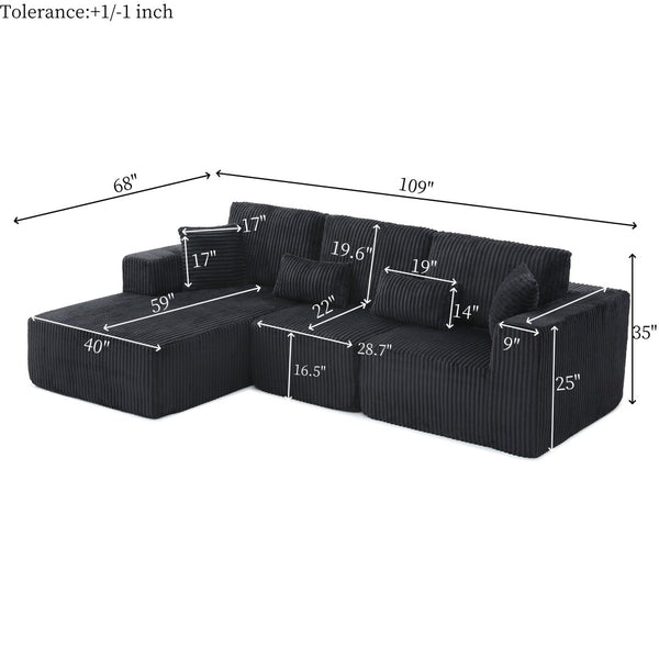 English Elm 109'' Modular Cloud Sectional Corduroy Deep Seat L-shape Sofa for Living Room Lounging Black Left Chaise W1117S00452