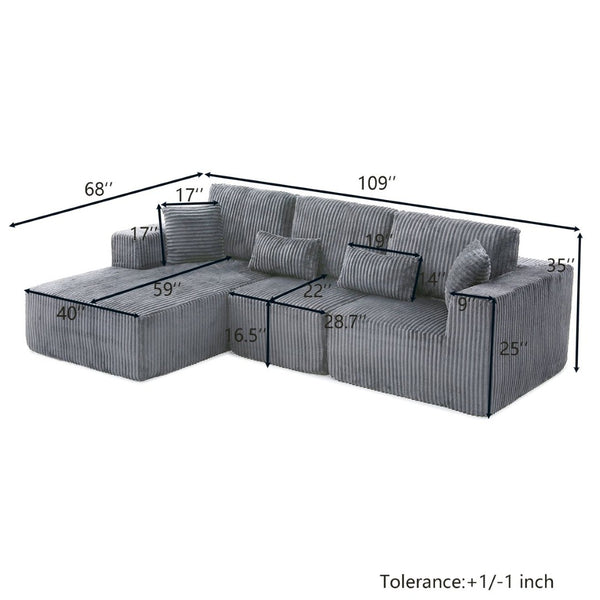 English Elm 109'' Modular Cloud Sectional Corduroy Deep Seat L-shape Sofa for Living Room Lounging Grey Left Chaise W1117S00453