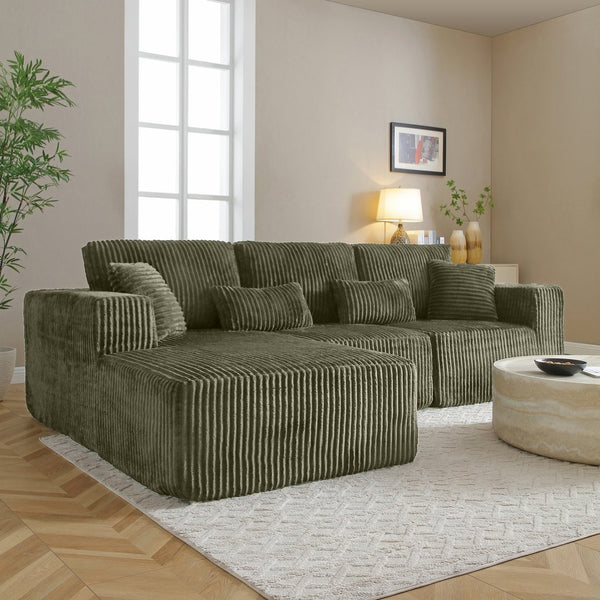 English Elm 109'' Modular Cloud Sectional Corduroy Deep Seat L-shape Sofa for Living Room Lounging Green Left Chaise W1117S00454