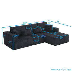 English Elm 109'' Modular Cloud Sectional Corduroy Deep Seat L-shape Sofa for Living Room Lounging Black Right Chaise W1117S00455