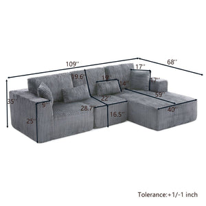 English Elm 109'' Modular Cloud Sectional Corduroy Deep Seat L-shape Sofa for Living Room Lounging Grey Right Chaise W1117S00456