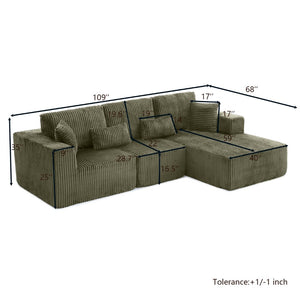 English Elm 109'' Modular Cloud Sectional Corduroy Deep Seat L-shape Sofa for Living Room Lounging Green Right Chaise W1117S00457