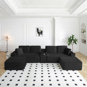 English Elm 150 Inch Modular Corduroy Sectional with Deep Cloud Seating USB Ports Living Room Black L-Shape W1117S00458
