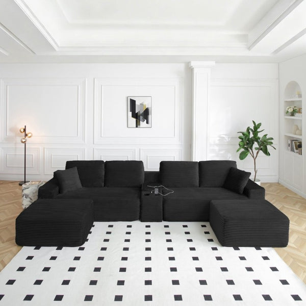 English Elm 150 Inch Modular Corduroy Sectional with Deep Cloud Seating USB Ports Living Room Black L-Shape W1117S00458