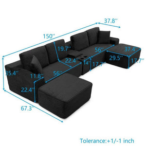 English Elm 150 Inch Modular Corduroy Sectional with Deep Cloud Seating USB Ports Living Room Black L-Shape W1117S00458