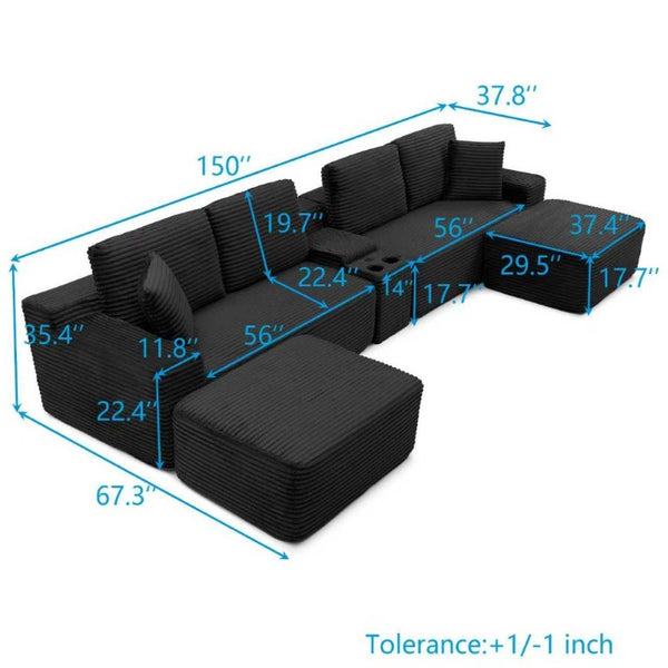 English Elm 150 Inch Modular Corduroy Sectional with Deep Cloud Seating USB Ports Living Room Black L-Shape W1117S00458