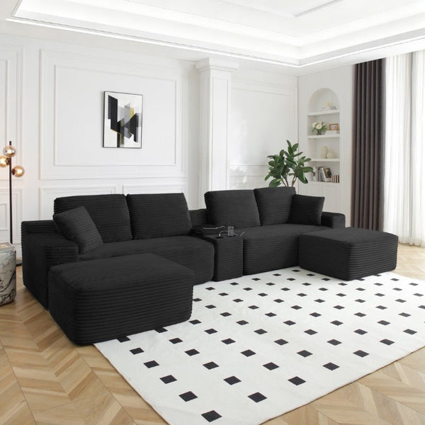 English Elm 150 Inch Modular Corduroy Sectional with Deep Cloud Seating USB Ports Living Room Black L-Shape W1117S00458
