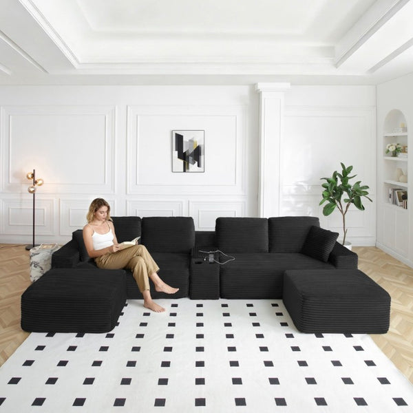 English Elm 150 Inch Modular Corduroy Sectional with Deep Cloud Seating USB Ports Living Room Black L-Shape W1117S00458