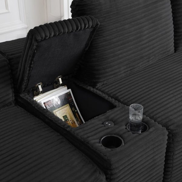 English Elm 150 Inch Modular Corduroy Sectional with Deep Cloud Seating USB Ports Living Room Black L-Shape W1117S00458