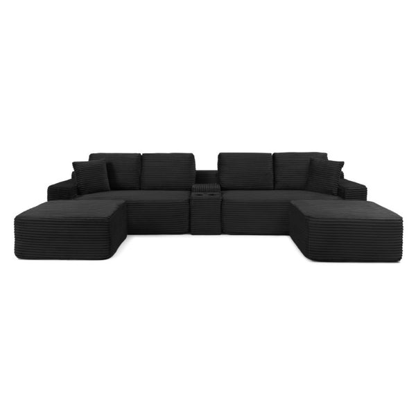 English Elm 150 Inch Modular Corduroy Sectional with Deep Cloud Seating USB Ports Living Room Black L-Shape W1117S00458