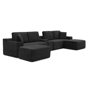 English Elm 150 Inch Modular Corduroy Sectional with Deep Cloud Seating USB Ports Living Room Black L-Shape W1117S00458