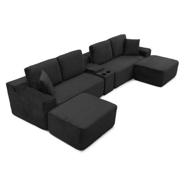 English Elm 150 Inch Modular Corduroy Sectional with Deep Cloud Seating USB Ports Living Room Black L-Shape W1117S00458
