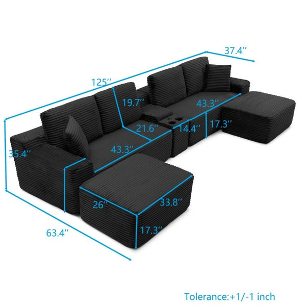 English Elm 125 Inch U-Shape Modular Sectional Corduroy Cloud Couch with USB Ports and Ottomans Black W1117S00460