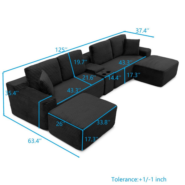 English Elm 125'' Corduroy L-shaped Sectional Deep Seat Cloud Couch with Storage and Usb Ports Black W1117S00467