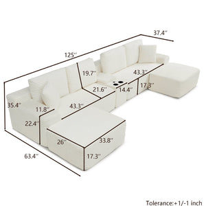 English Elm 125'' Corduroy L-shaped Sectional Deep Seat Cloud Couch with Storage and Usb Ports Beige W1117S00468