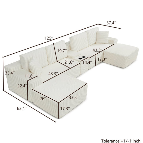 English Elm 125'' Corduroy L-shaped Sectional Deep Seat Cloud Couch with Storage and Usb Ports Beige W1117S00468