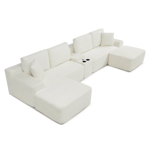 English Elm 125'' Corduroy L-shaped Sectional Deep Seat Cloud Couch with Storage and Usb Ports Beige W1117S00468