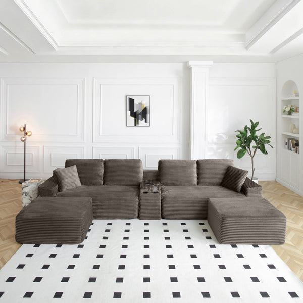 English Elm 125'' Corduroy L-shaped Sectional Deep Seat Cloud Couch with Storage and Usb Ports Camel W1117S00469