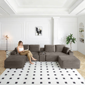 English Elm 125'' Corduroy L-shaped Sectional Deep Seat Cloud Couch with Storage and Usb Ports Camel W1117S00469