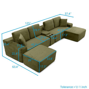 English Elm 125'' Corduroy L-shaped Sectional Deep Seat Cloud Couch with Storage and Usb Ports Green W1117S00471