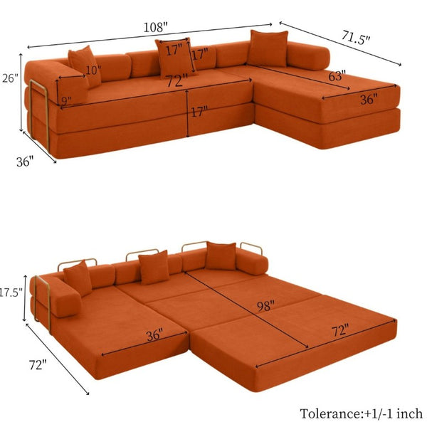 English Elm 108 Inch Corduroy Modular Cloud Sectional Deep Seat Foam Sofa Bed No Assembly Orange W1117S00473