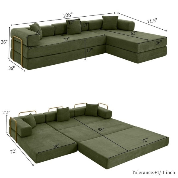 English Elm 108 Inch Corduroy Modular Cloud Sectional Deep Seat Foam Sofa Bed No Assembly Green W1117S00474