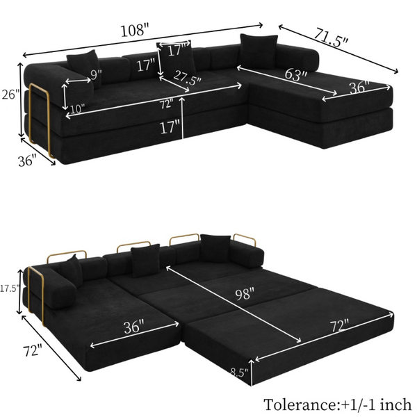 English Elm 108 Inch Corduroy Modular Cloud Sectional Deep Seat Foam Sofa Bed No Assembly Black W1117S00475