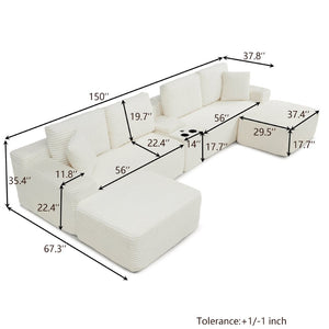 English Elm 150'' L-shaped Corduroy Sectional with Deep Cloud Seat Usb Charging Living Room Couch Beige W1117S00476