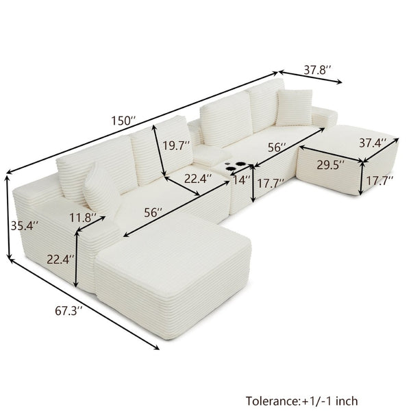 English Elm 150'' L-shaped Corduroy Sectional with Deep Cloud Seat Usb Charging Living Room Couch Beige W1117S00476