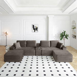 English Elm 150 Inch Modular Corduroy Sectional with Deep Cloud Seating USB Ports Living Room Camel U-Shape W1117S00477