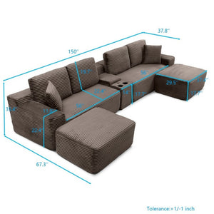 English Elm 150 Inch Modular Corduroy Sectional with Deep Cloud Seating USB Ports Living Room Camel U-Shape W1117S00477