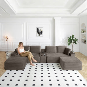 English Elm 150 Inch Modular Corduroy Sectional with Deep Cloud Seating USB Ports Living Room Camel U-Shape W1117S00477