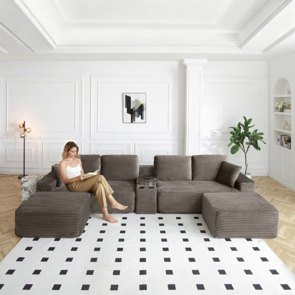 English Elm 150 Inch Modular Corduroy Sectional with Deep Cloud Seating USB Ports Living Room Camel U-Shape W1117S00477