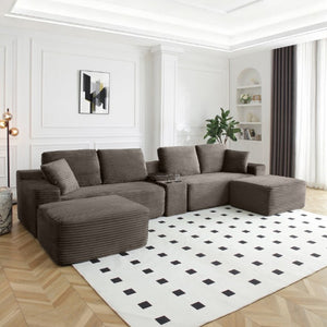 English Elm 150 Inch Modular Corduroy Sectional with Deep Cloud Seating USB Ports Living Room Camel U-Shape W1117S00477