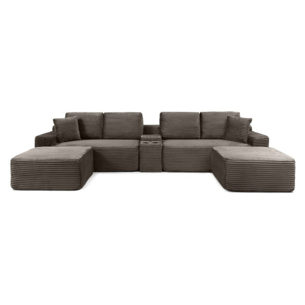 English Elm 150 Inch Modular Corduroy Sectional with Deep Cloud Seating USB Ports Living Room Camel U-Shape W1117S00477