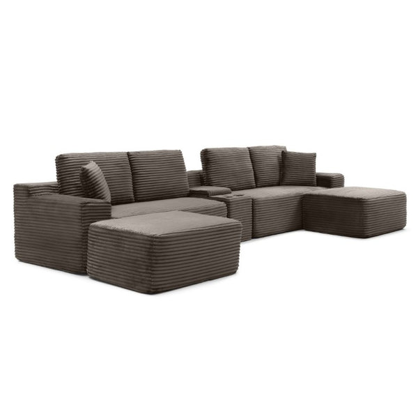 English Elm 150 Inch Modular Corduroy Sectional with Deep Cloud Seating USB Ports Living Room Camel U-Shape W1117S00477