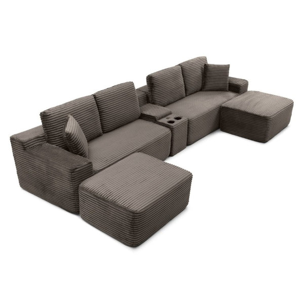 English Elm 150 Inch Modular Corduroy Sectional with Deep Cloud Seating USB Ports Living Room Camel U-Shape W1117S00477
