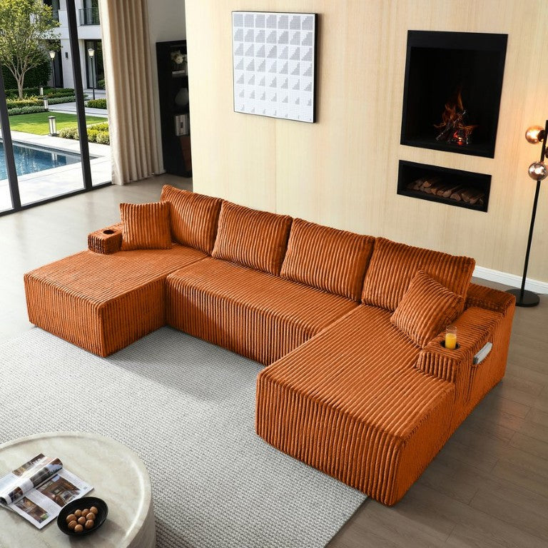 English Elm 124 Inch Cloud Modular U Shaped Sectional Corduroy Deep Seat Sofa with Cupholders Orange W1117S00480