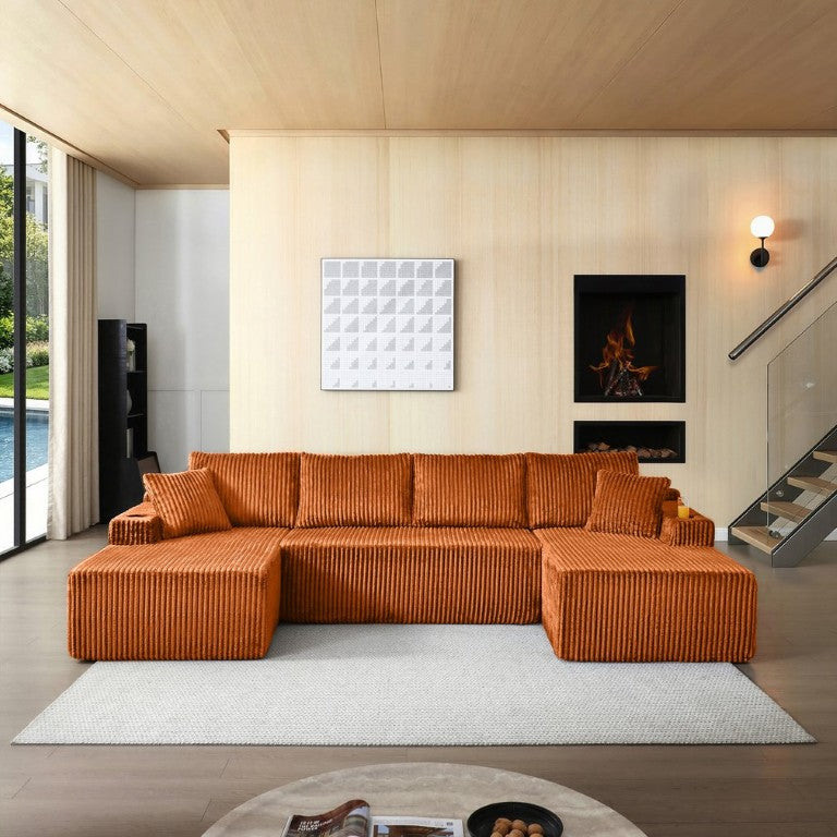 English Elm 124 Inch Cloud Modular U Shaped Sectional Corduroy Deep Seat Sofa with Cupholders Orange W1117S00480